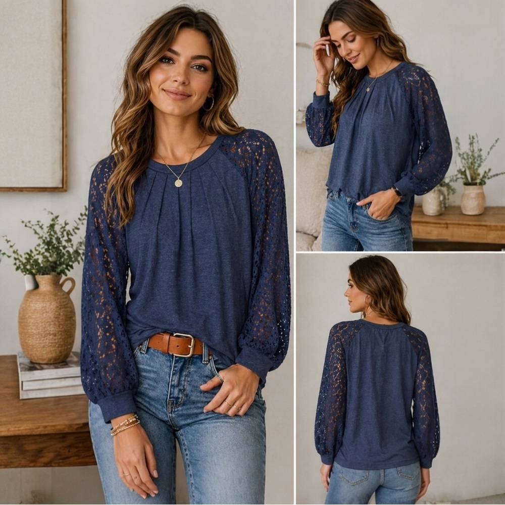 SHEIN Curve Navy Lace Sleeve Blouse Women’s Size 1XL Boho Chic Top